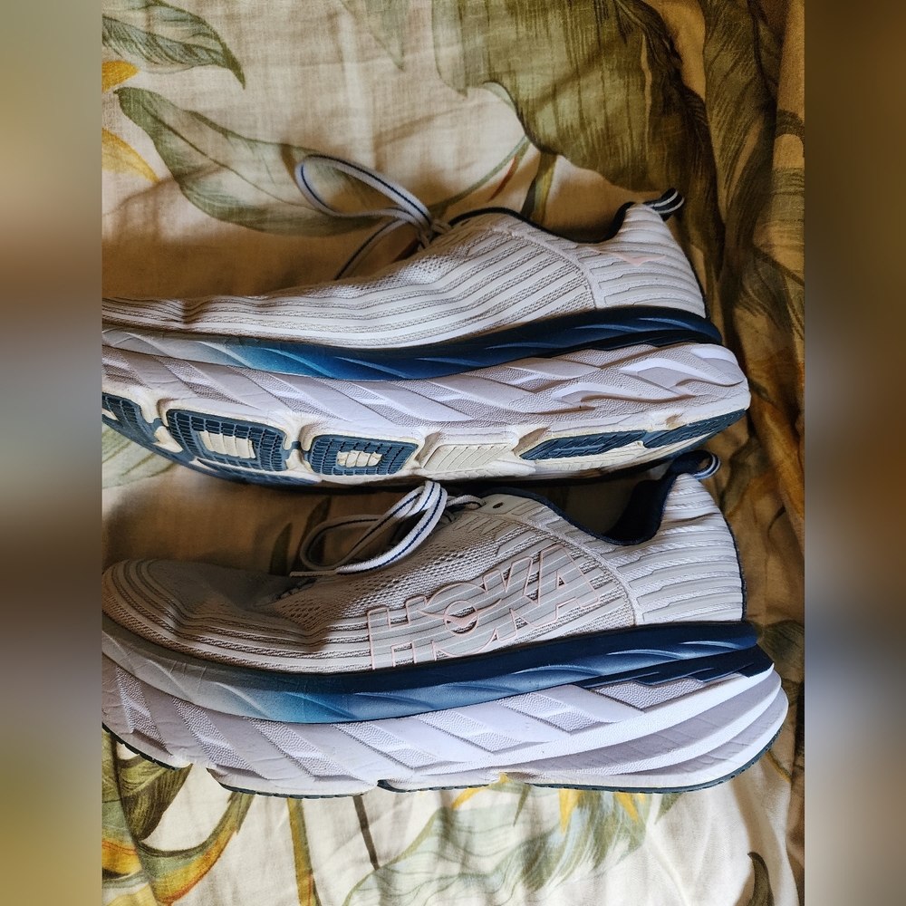 Hoka BONDI 6 White, Blue, and Grey Athletic Shoes for Performance